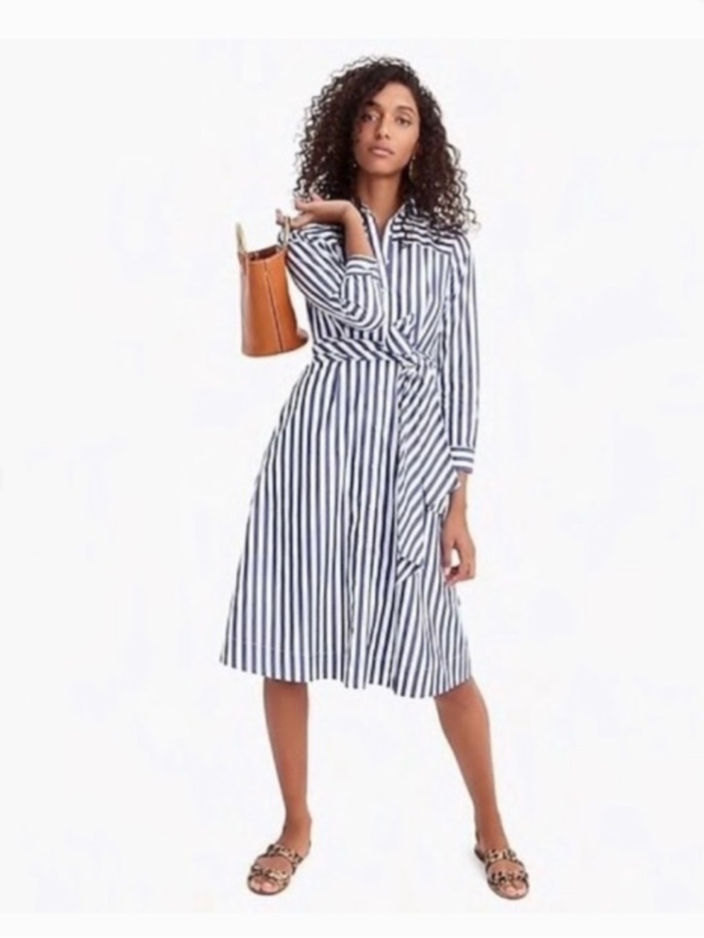 J. Crew Blue & White Striped Tie-Waist Midi Shirt Dress